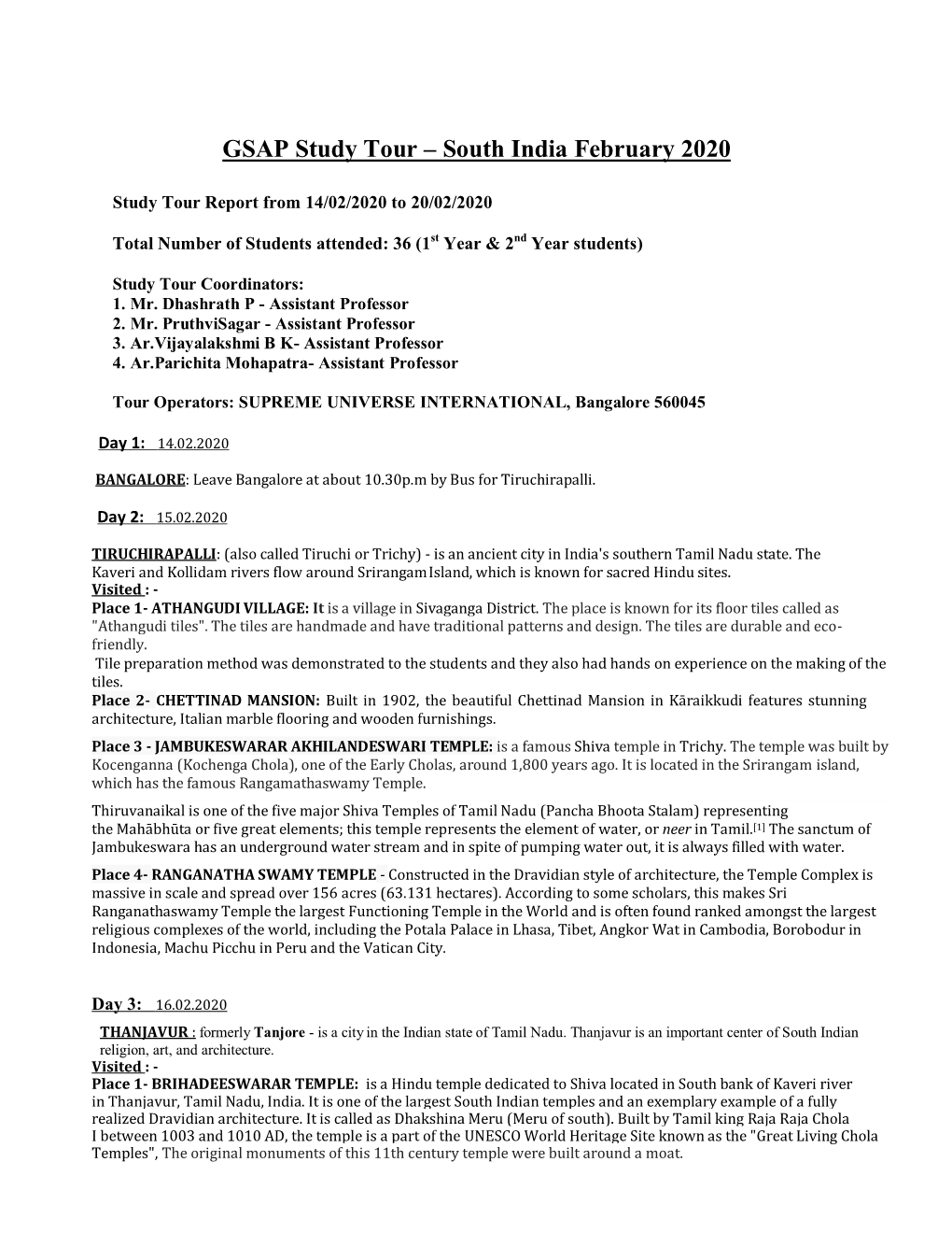 GSAP Study Tour – South India February 2020