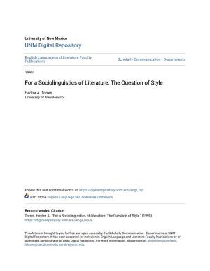 For a Sociolinguistics of Literature: the Question of Style