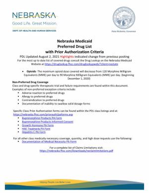 Nebraska Medicaid Preferred Drug List with Prior Authorization Criteria