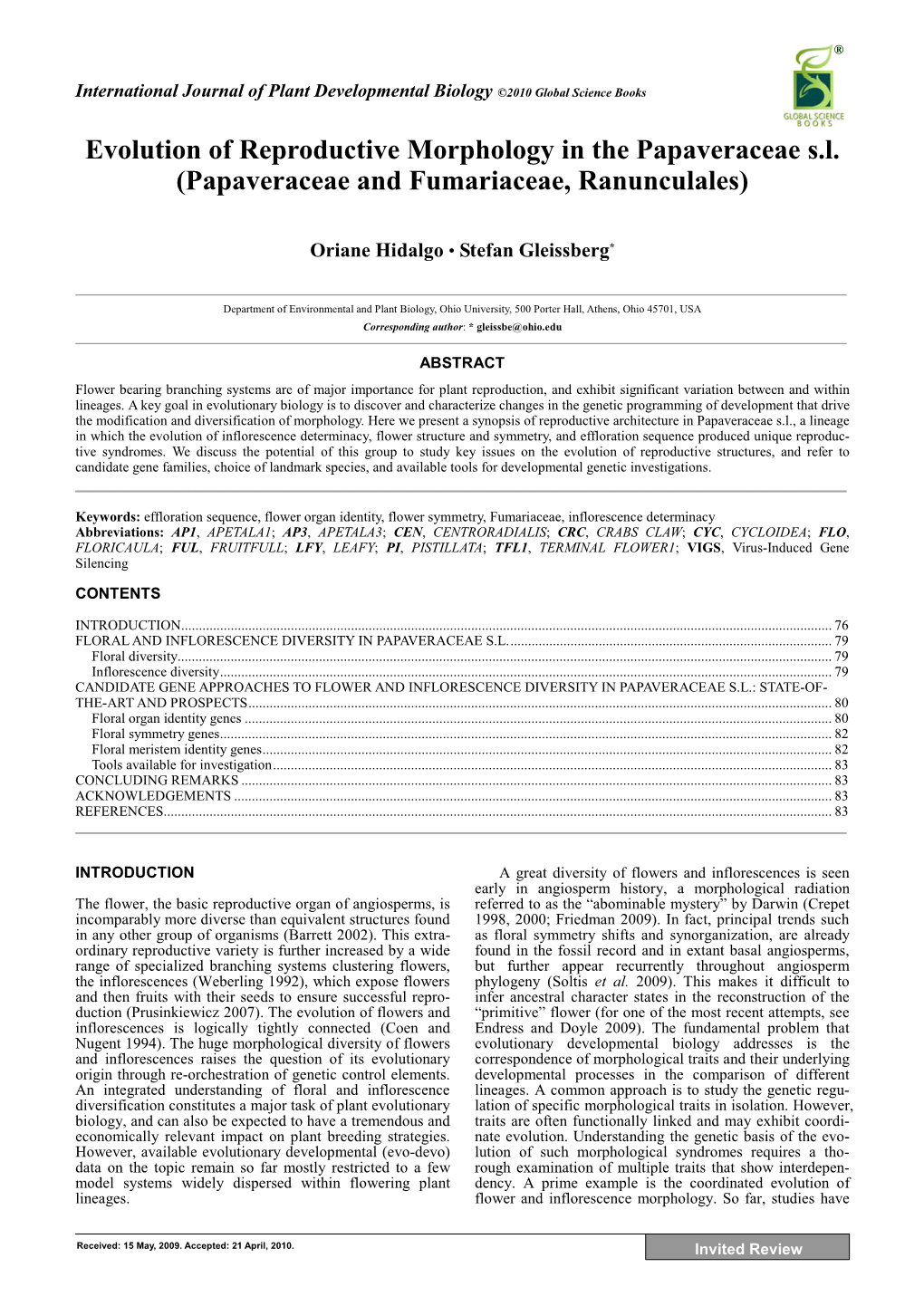 Evolution of Reproductive Morphology in the Papaveraceae S.L. (Papaveraceae and Fumariaceae, Ranunculales)