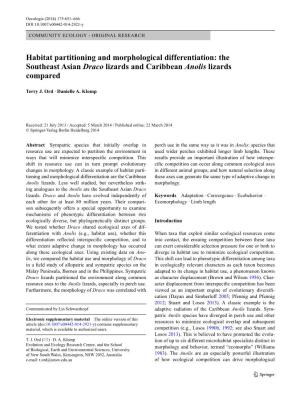 Habitat Partitioning and Morphological Differentiation: the Southeast Asian Draco Lizards and Caribbean Anolis Lizards Compared