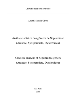 (Araneae, Synspermiata, Dysderoidea) Cladistic Analysis of Segestriidae