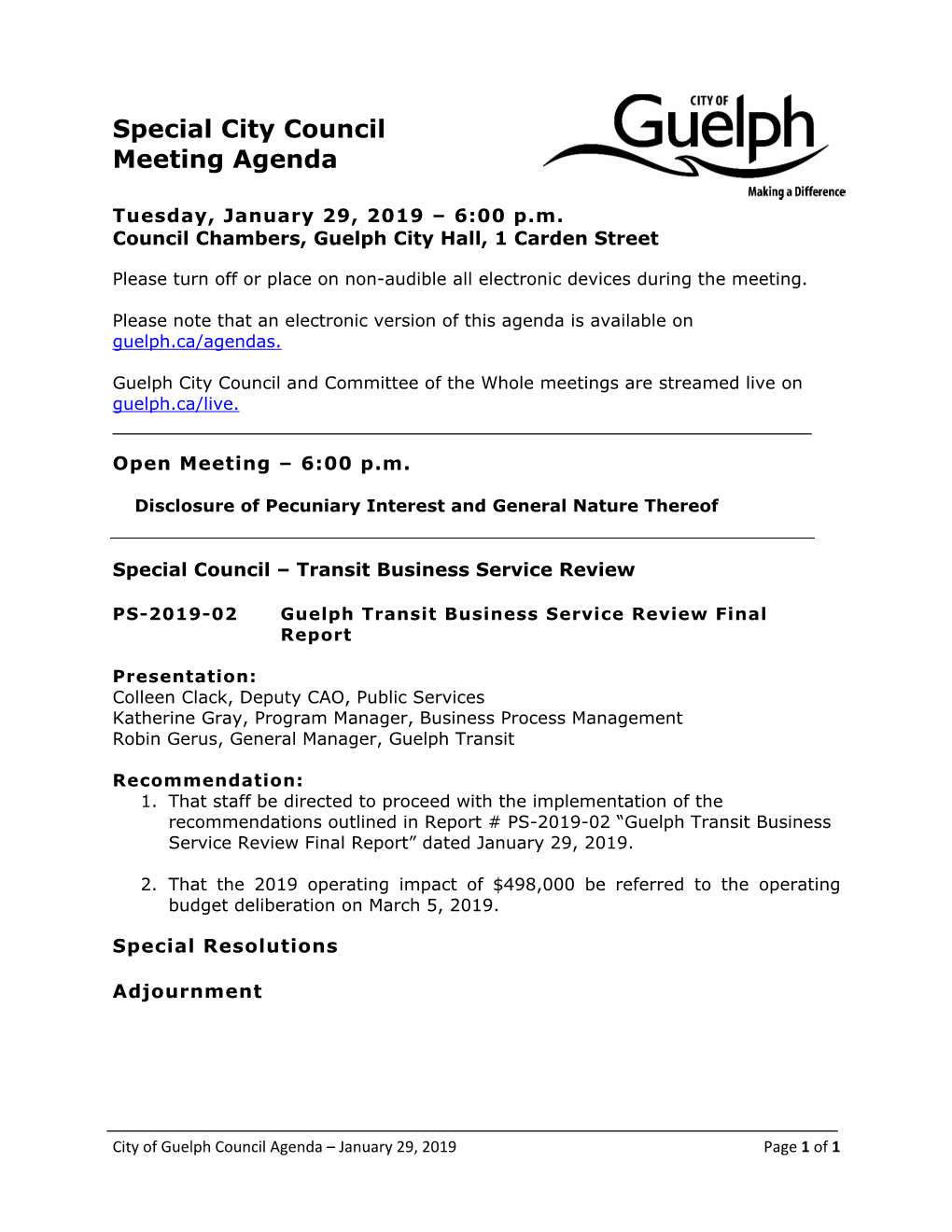Special City Council Meeting Agenda