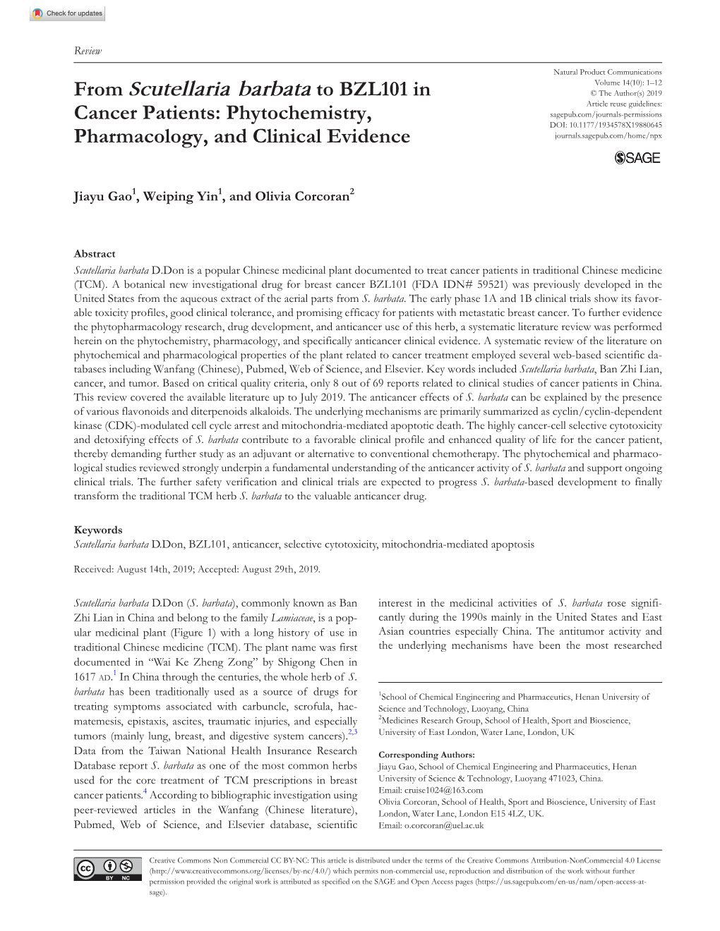 From Scutellaria Barbata to BZL101 in Cancer Patients