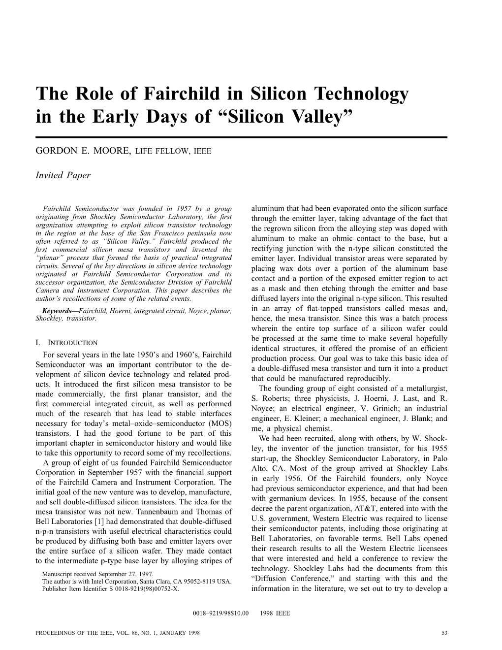 The Role of Fairchild in Silicon Technology in the Early Days of “Silicon Valley”