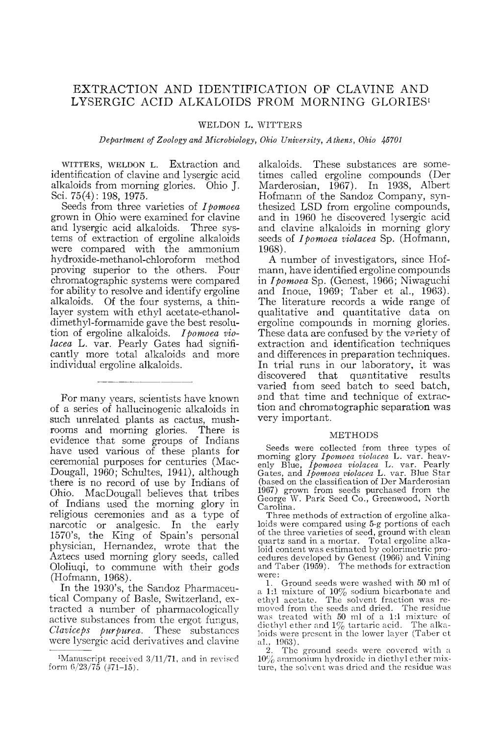 Extraction and Identification of Clavine and Lysergic Acid Alkaloids from Morning Glories1