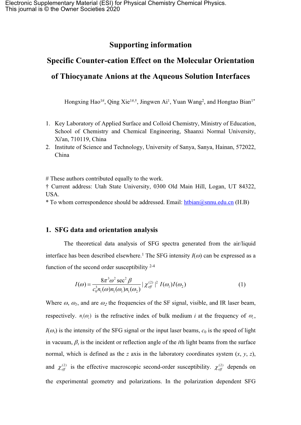 Supporting Information Specific Counter-Cation Effect on the Molecular Orientation of Thiocyanate Anions at the Aqueous Solution Interfaces