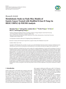Metabolomic Study on Nude Mice Models of Gastric Cancer Treated with Modified Si Jun Zi Tang Via HILIC UHPLC-Q-TOF/MS Analysis