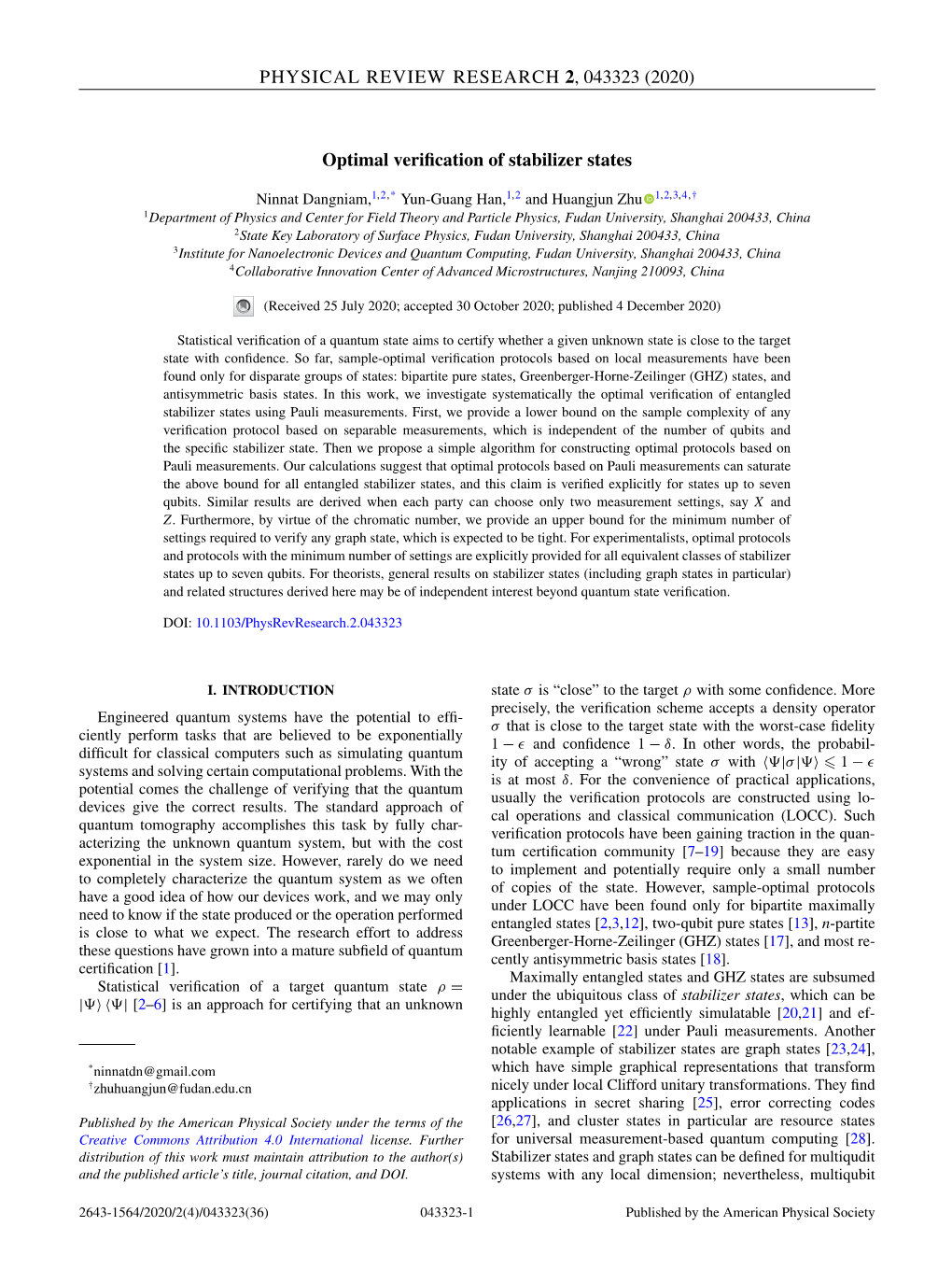 (2020) Optimal Verification of Stabilizer States