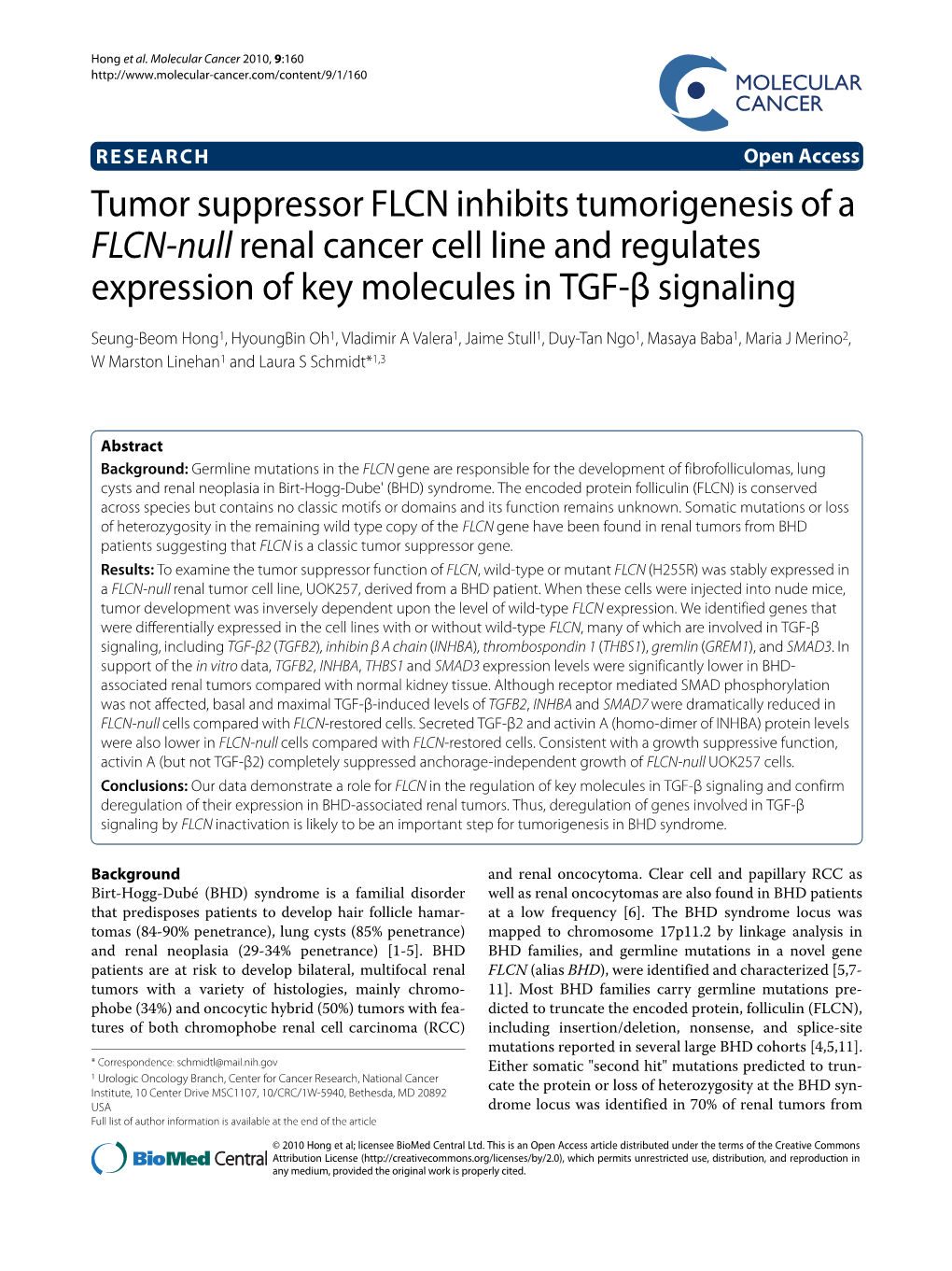 Tumor Suppressor FLCN Inhibits Tumorigenesis of a FLCN-Null Renal