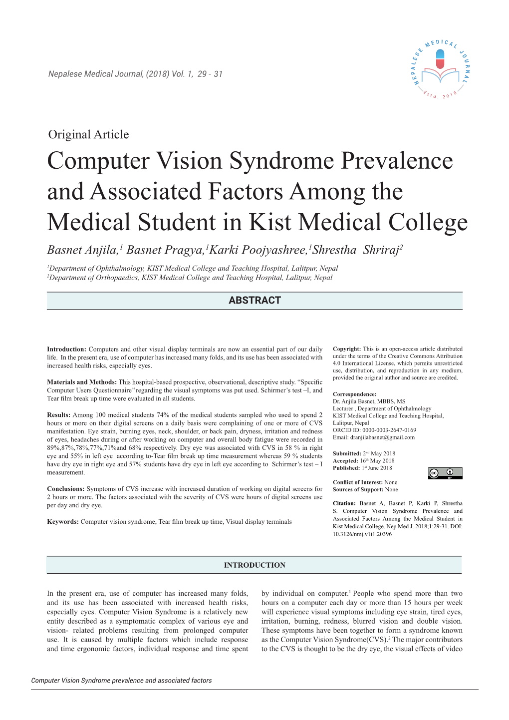 Computer Vision Syndrome Prevalence and Associated Factors