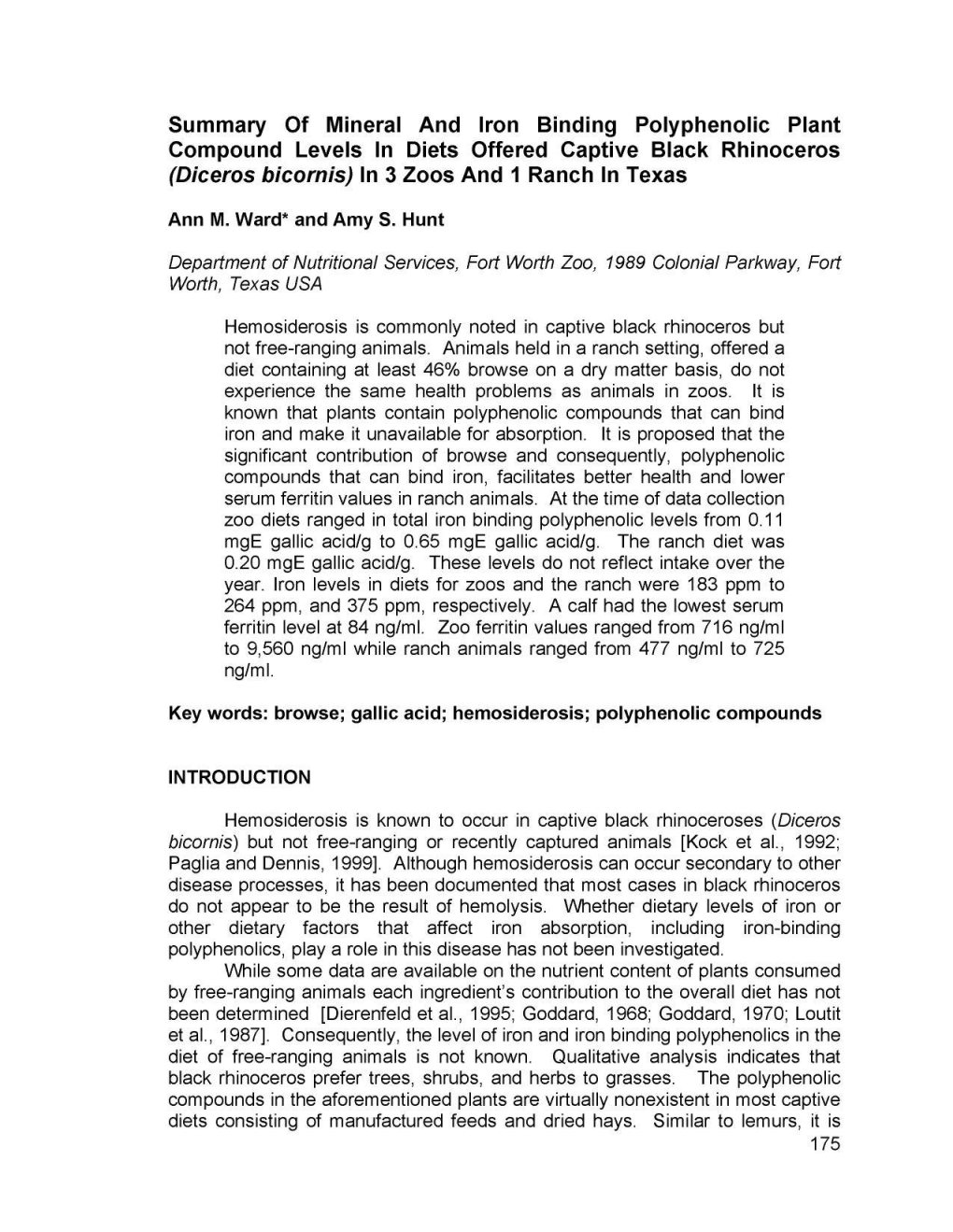 Summary of Mineral and Iron Binding Polyphenolic Plant Compound Levels in Diets Offered Captive Black Rhinoceros (Diceros Bicornis) in 3 Zoos and 1 Ranch in Texas