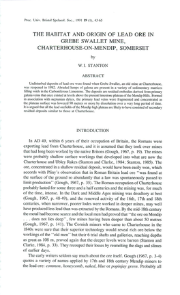 The Habitat and Origin of Lead Ore in Grebe Swallet Mine, Charterhouse-On-Mendip, Somerset