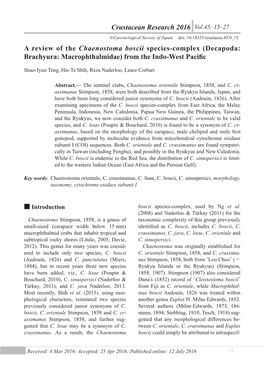 Crustacean Research 45 Crustacean Research 45 REVIEW of CHAENOSTOMA BOSCII SPECIES-COMPLEX