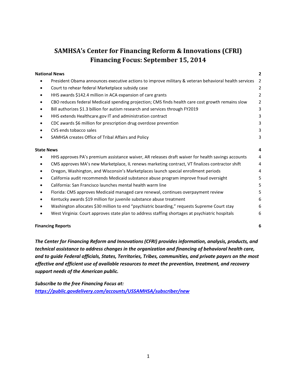 (CFRI) Financing Focus: September 15, 2014