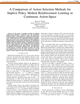 A Comparison of Action Selection Methods for Implicit Policy Method Reinforcement Learning in Continuous Action-Space