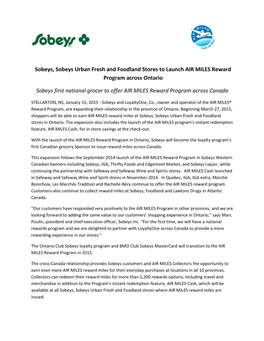 Sobeys, Sobeys Urban Fresh and Foodland Stores to Launch AIR MILES Reward Program Across Ontario