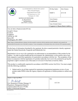 US EPA, Pesticide Product Label, Copptech a Master Batch Additive,06/11/2018