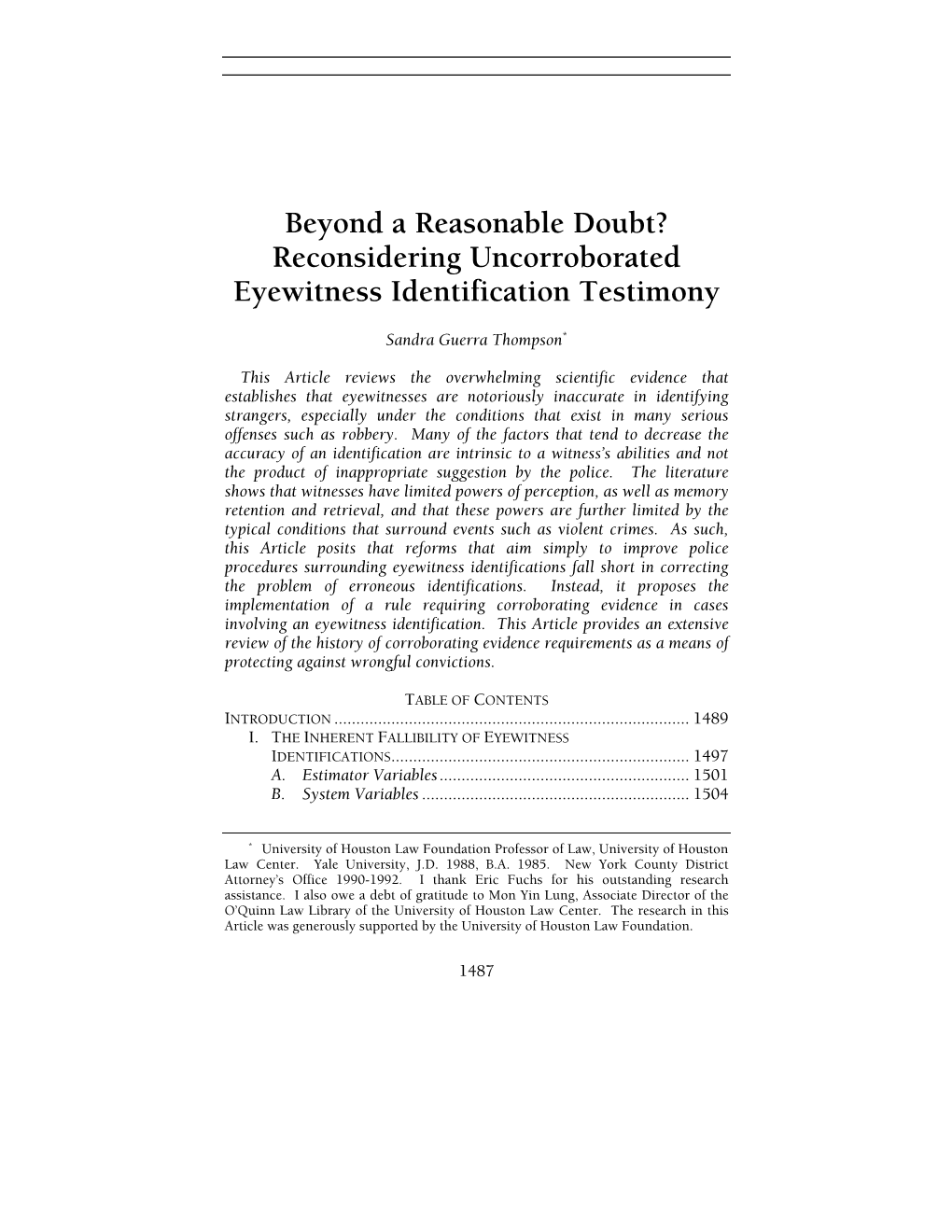 Beyond a Reasonable Doubt? Reconsidering Uncorroborated Eyewitness Identification Testimony