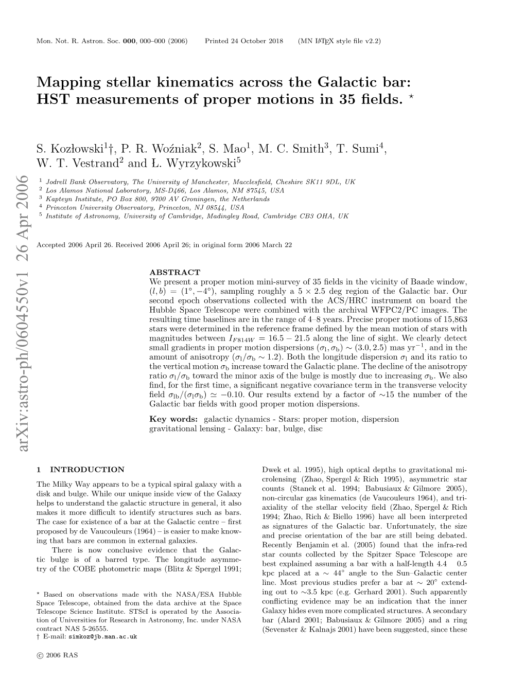 Mapping Stellar Kinematics Across the Galactic Bar: HST Measurements Of