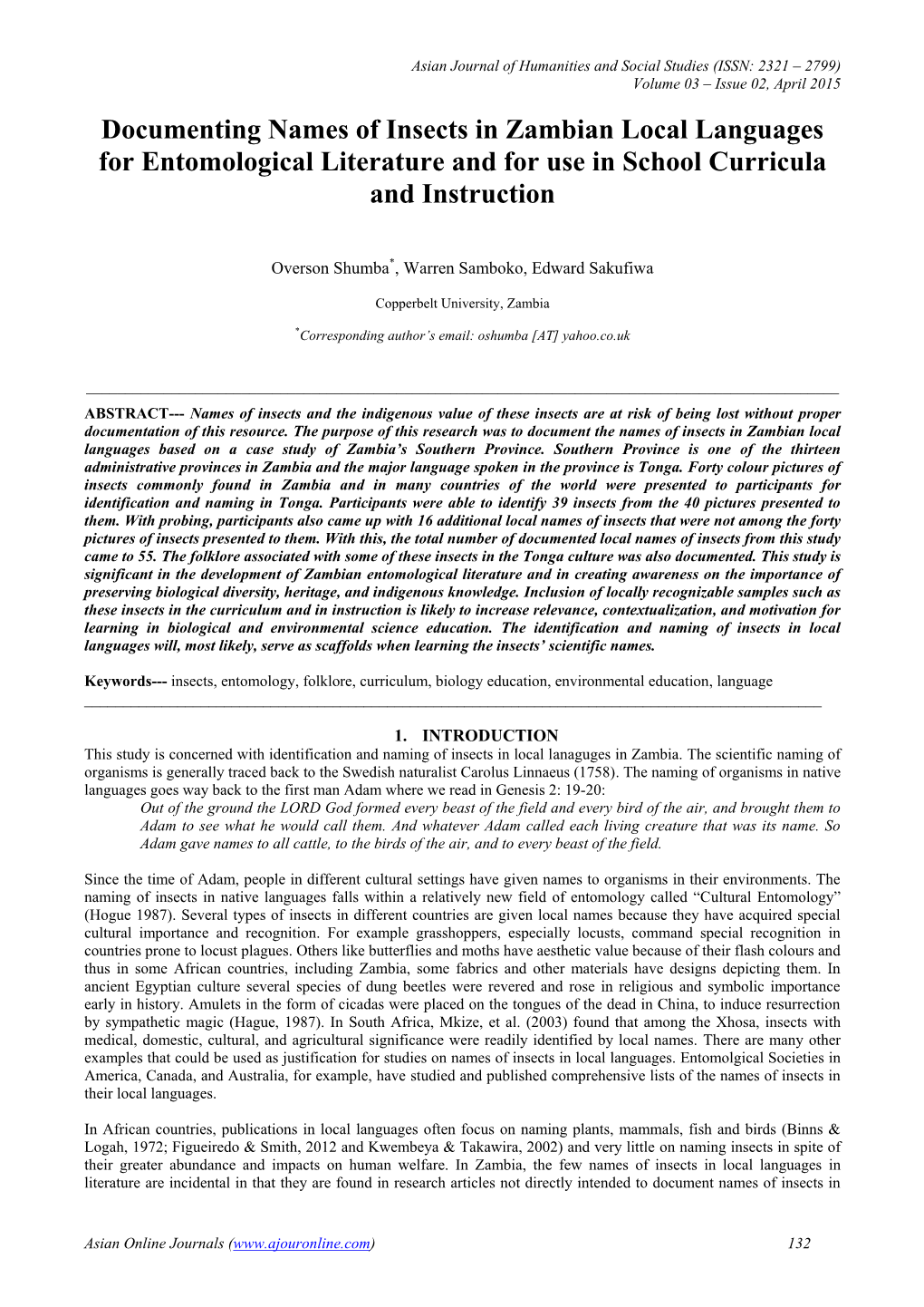 Documenting Names of Insects in Zambian Local Languages for Entomological Literature and for Use in School Curricula and Instruction