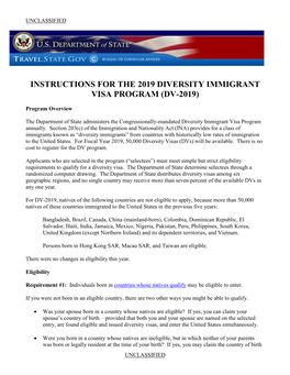 Instructions for the 2019 Diversity Immigrant Visa Program (Dv-2019)