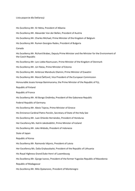 Lista Poparcie Dla Deklaracji His Excellency Mr. Ilir Meta, President