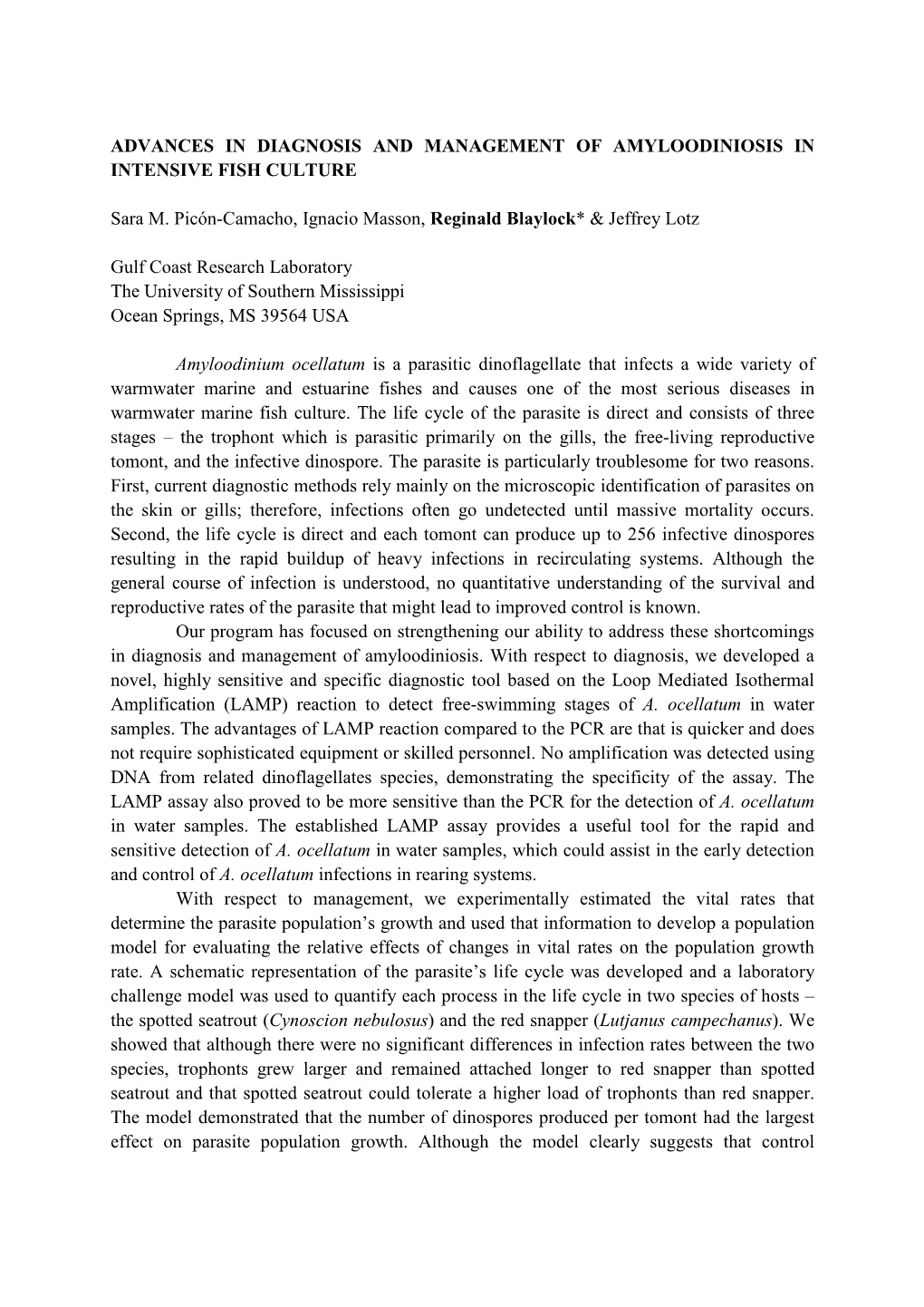 Advances in Diagnosis and Management of Amyloodiniosis in Intensive Fish Culture