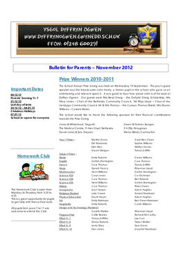 Prize Winners 2010-2011 Bulletin for Parents – November 2012