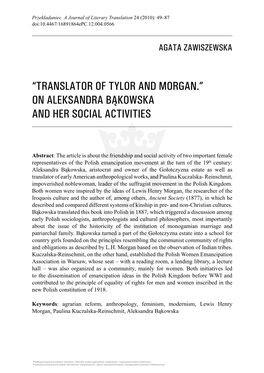 “Translator of Tylor and Morgan.” on Aleksandra Bąkowska and Her Social Activities
