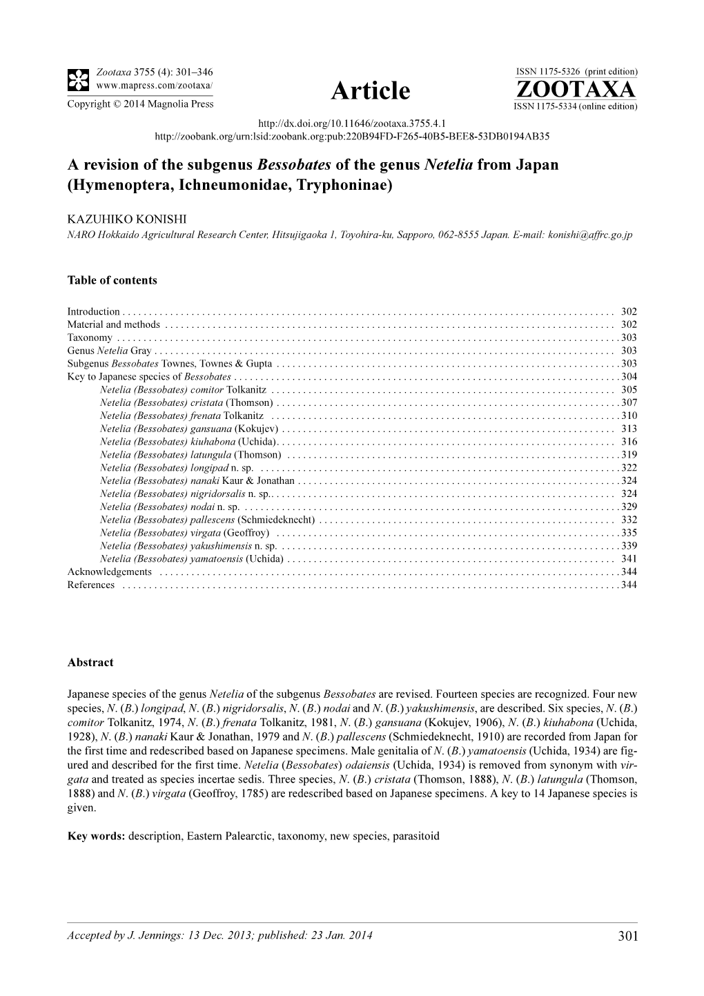A Revision of the Subgenus Bessobates of the Genus Netelia from Japan (Hymenoptera, Ichneumonidae, Tryphoninae)