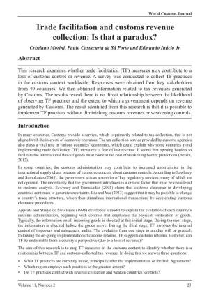 Trade Facilitation and Customs Revenue Collection: Is That a Paradox? Cristiano Morini, Paulo Costacurta De Sá Porto and Edmundo Inácio Jr Abstract