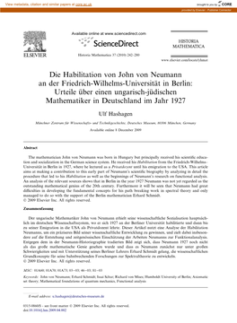 Die Habilitation Von John Von Neumann an Der Friedrich-Wilhelms-Universität in Berlin: Urteile Über Einen Ungarisch-Jüdischen Mathematiker in Deutschland Im Jahr 1927
