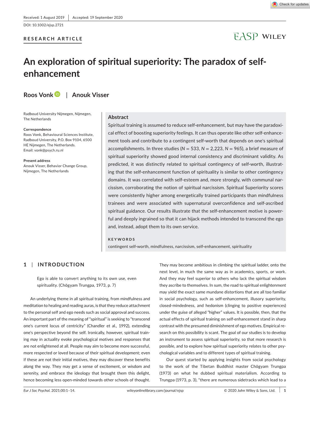 An Exploration of Spiritual Superiority: the Paradox of Self‐Enhancement