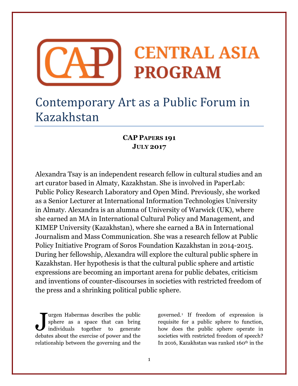 Contemporary Art As a Public Forum in Kazakhstan