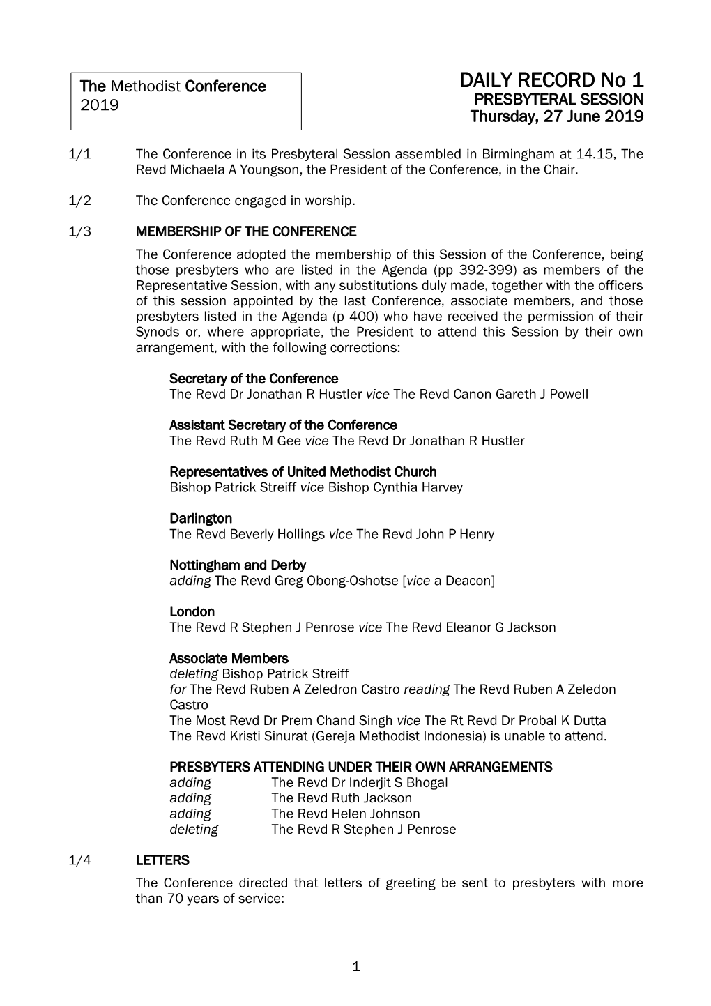 DAILY RECORD No 1 2019 PRESBYTERAL SESSION Thursday, 27 June 2019