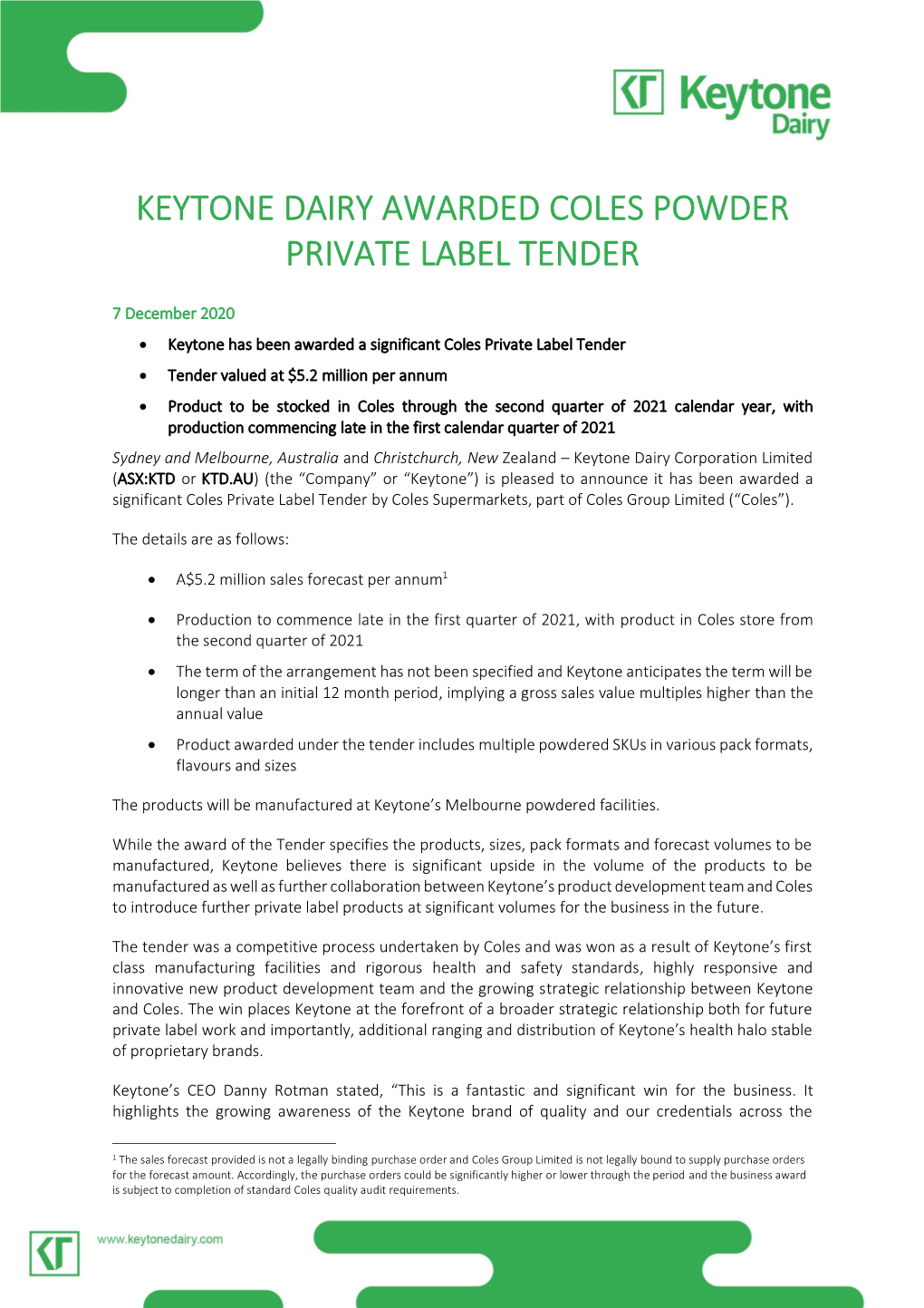 Keytone Dairy Awarded Coles Powder Private Label Tender