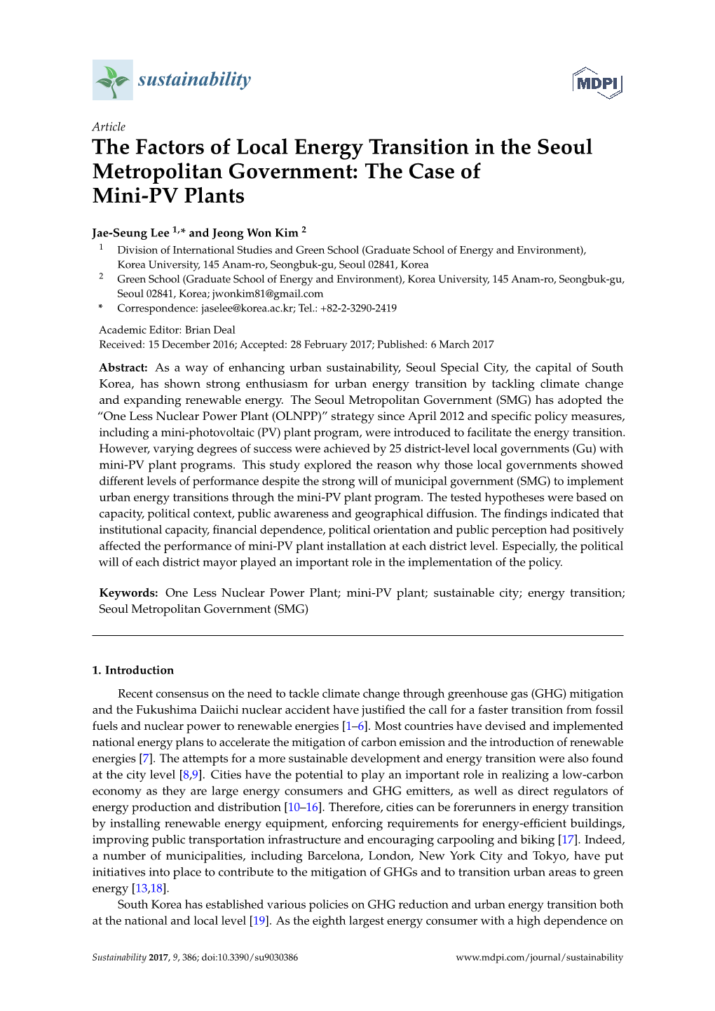 The Factors of Local Energy Transition in the Seoul Metropolitan Government: the Case of Mini-PV Plants