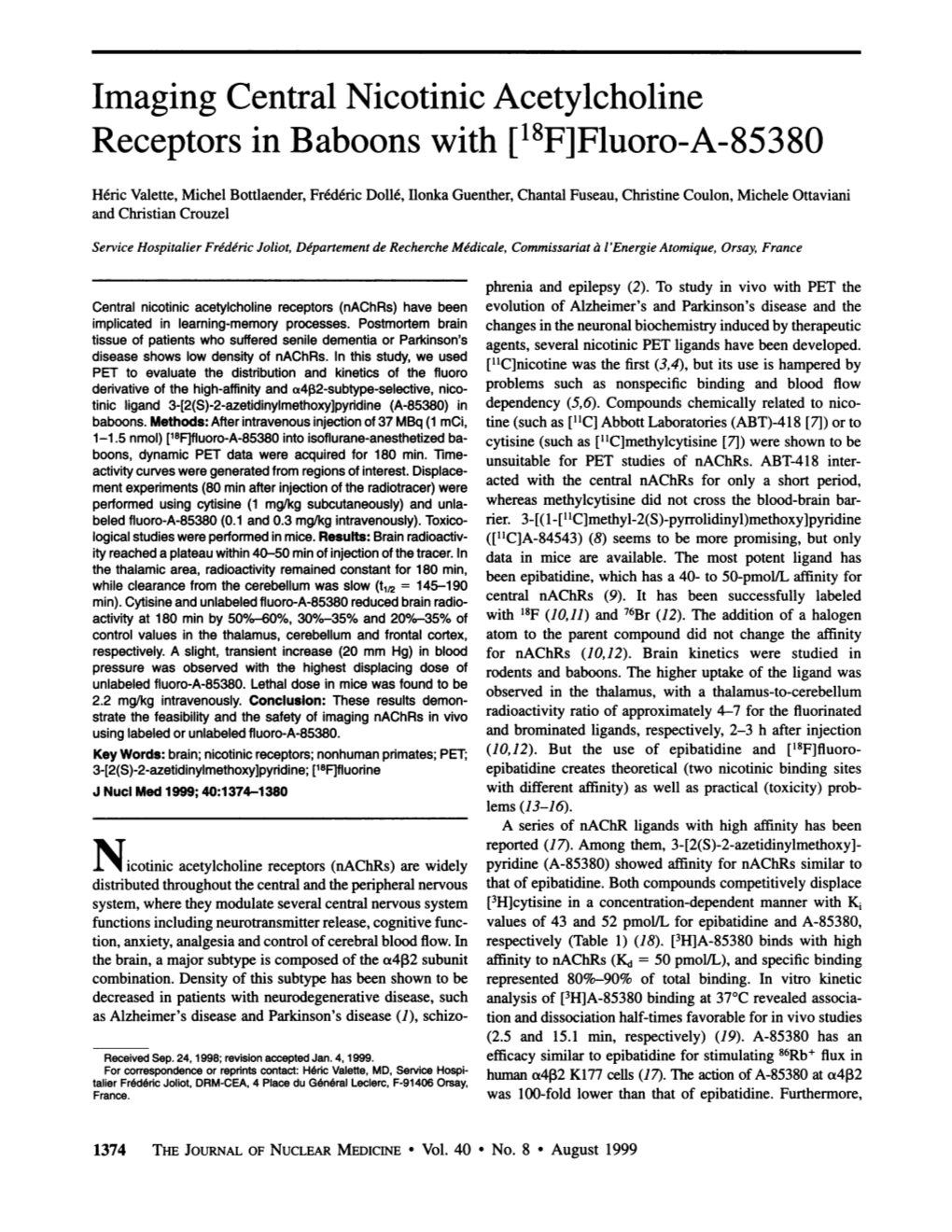 Imaging Central Nicotinic Acetyleholine Receptors in Baboons with [18F]Fluoro-A-85380