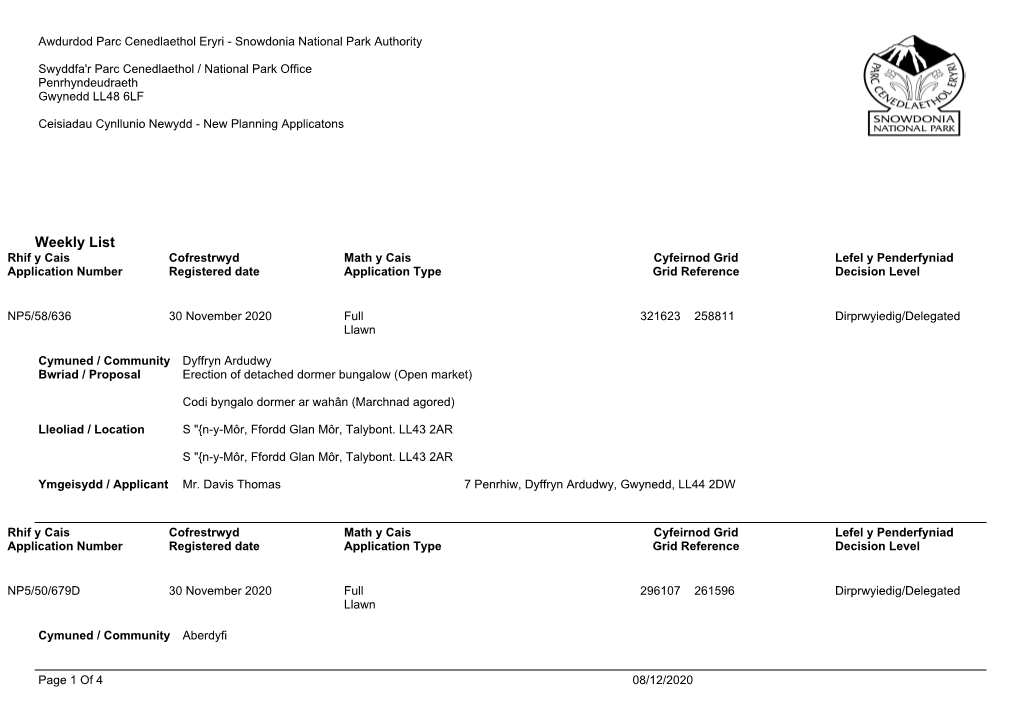 Weekly List Rhif Y Cais Cofrestrwyd Math Y Cais Cyfeirnod Grid Lefel Y Penderfyniad Application Number Registered Date Application Type Grid Reference Decision Level