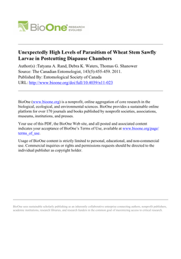 Unexpectedly High Levels of Parasitism of Wheat Stem Sawfly Larvae in Postcutting Diapause Chambers Author(S) :Tatyana A