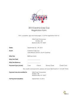 2013 Carolina Carp Cup Registration Form