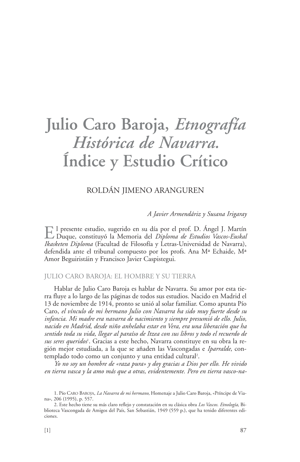 Julio Caro Baroja, Etnografía Histórica De Navarra. Indice Y