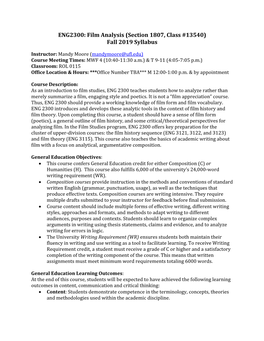 Film Analysis (Section 1807, Class #13540) Fall 2019 Syllabus