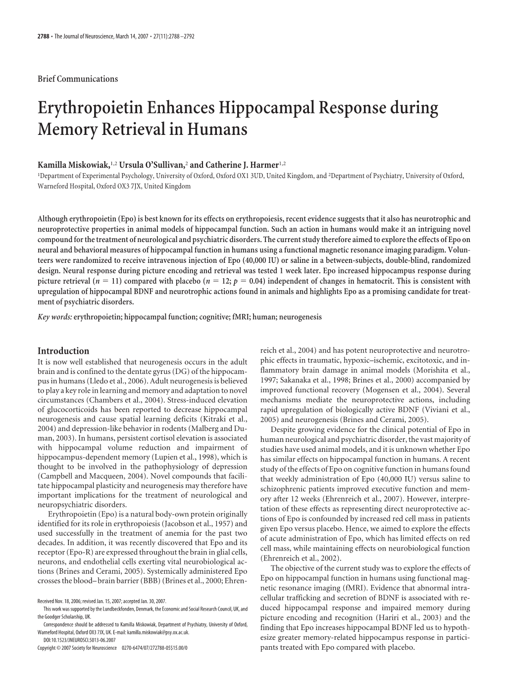 Erythropoietin Enhances Hippocampal Response During Memory Retrieval in Humans