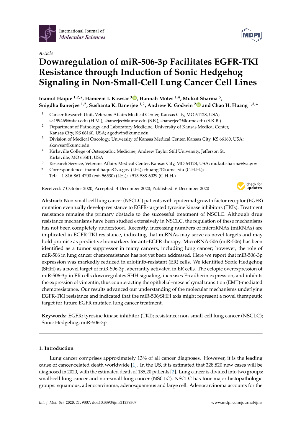 Downregulation of Mir-506-3P Facilitates EGFR-TKI Resistance Through Induction of Sonic Hedgehog Signaling in Non-Small-Cell Lung Cancer Cell Lines