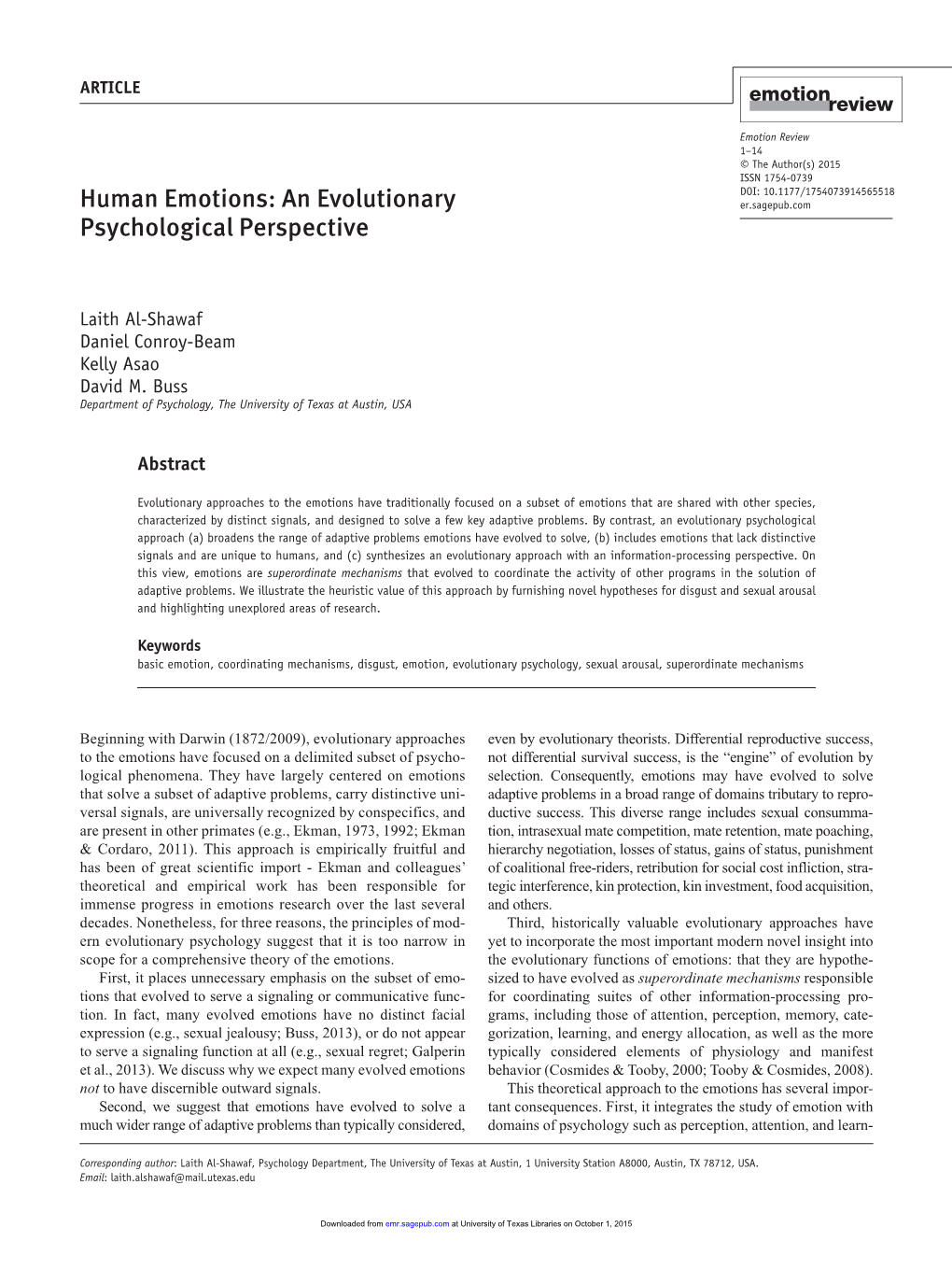 Human Emotions: an Evolutionary Psychological Perspective