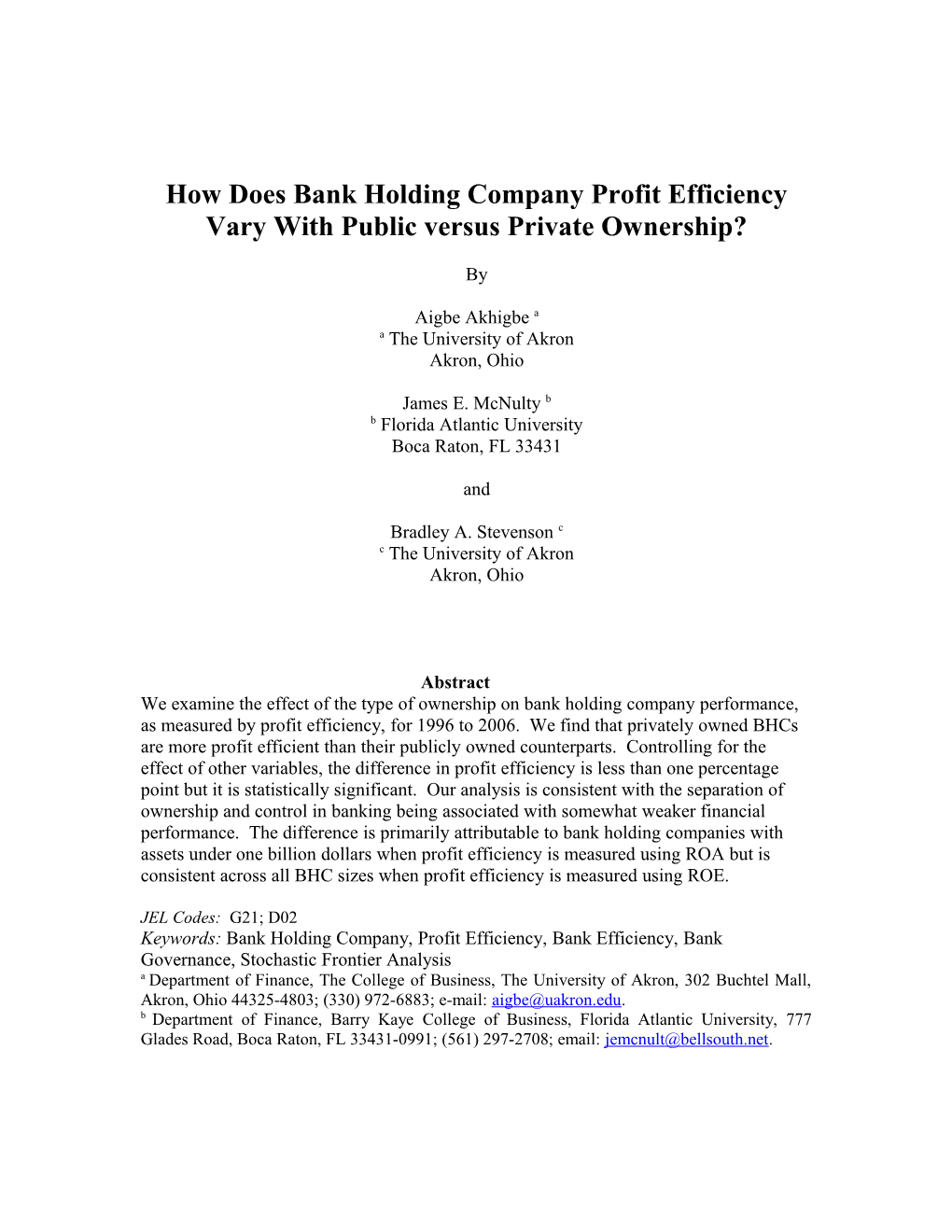 The Financial Performance Of Privately Held Us Commercial Banks: A Profit Efficiency Approach