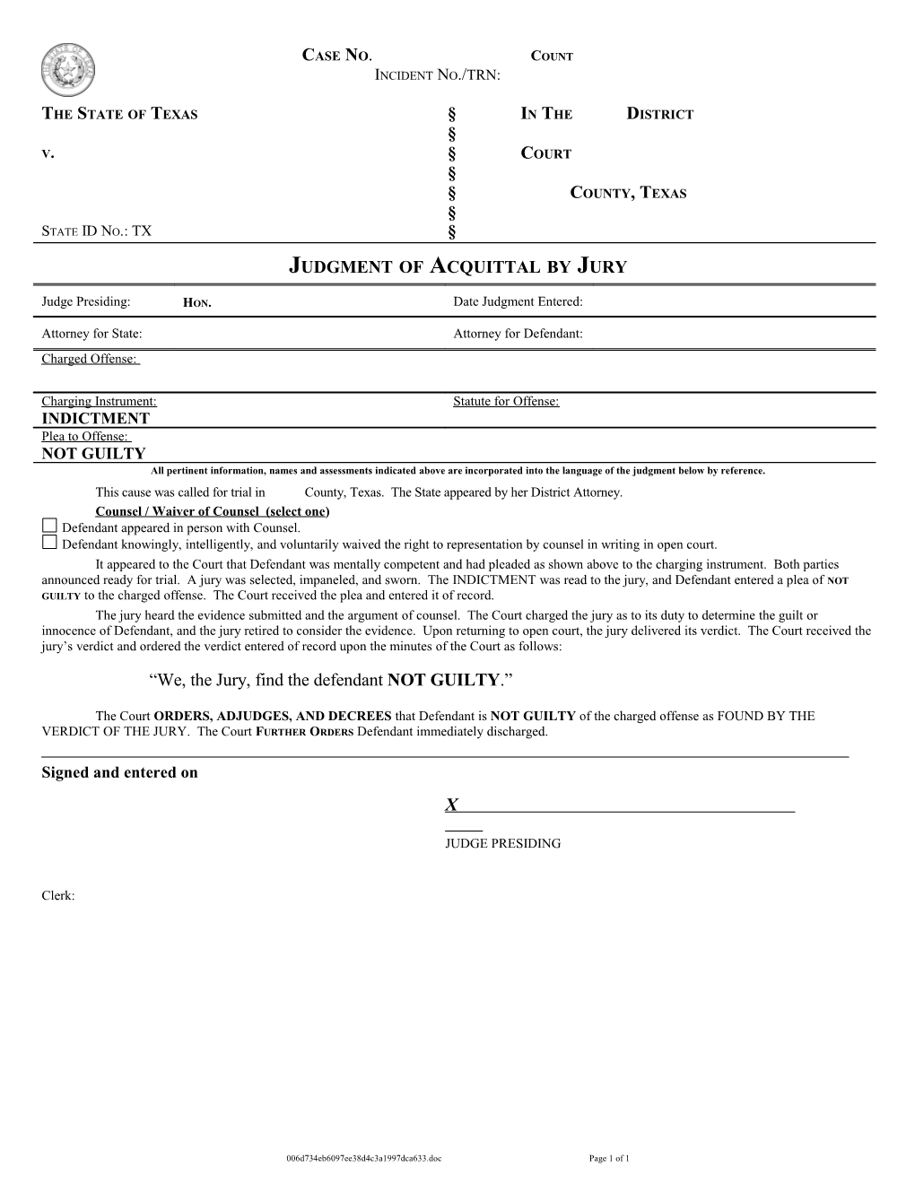 Judgment of Acquittal by Jury