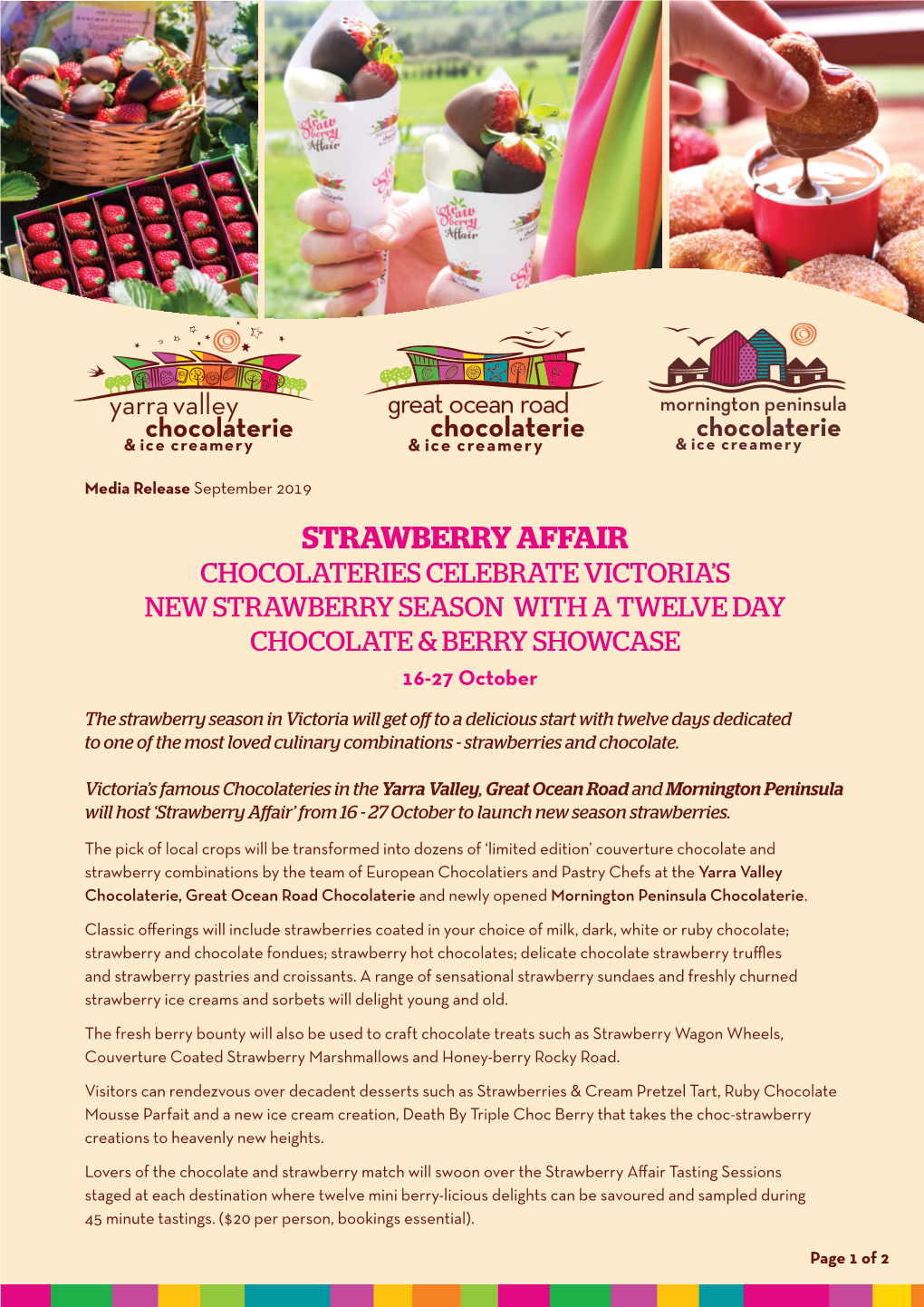 STRAWBERRY AFFAIR CHOCOLATERIES CELEBRATE VICTORIA’S NEW STRAWBERRY SEASON with a TWELVE DAY CHOCOLATE & BERRY SHOWCASE 16-27 October